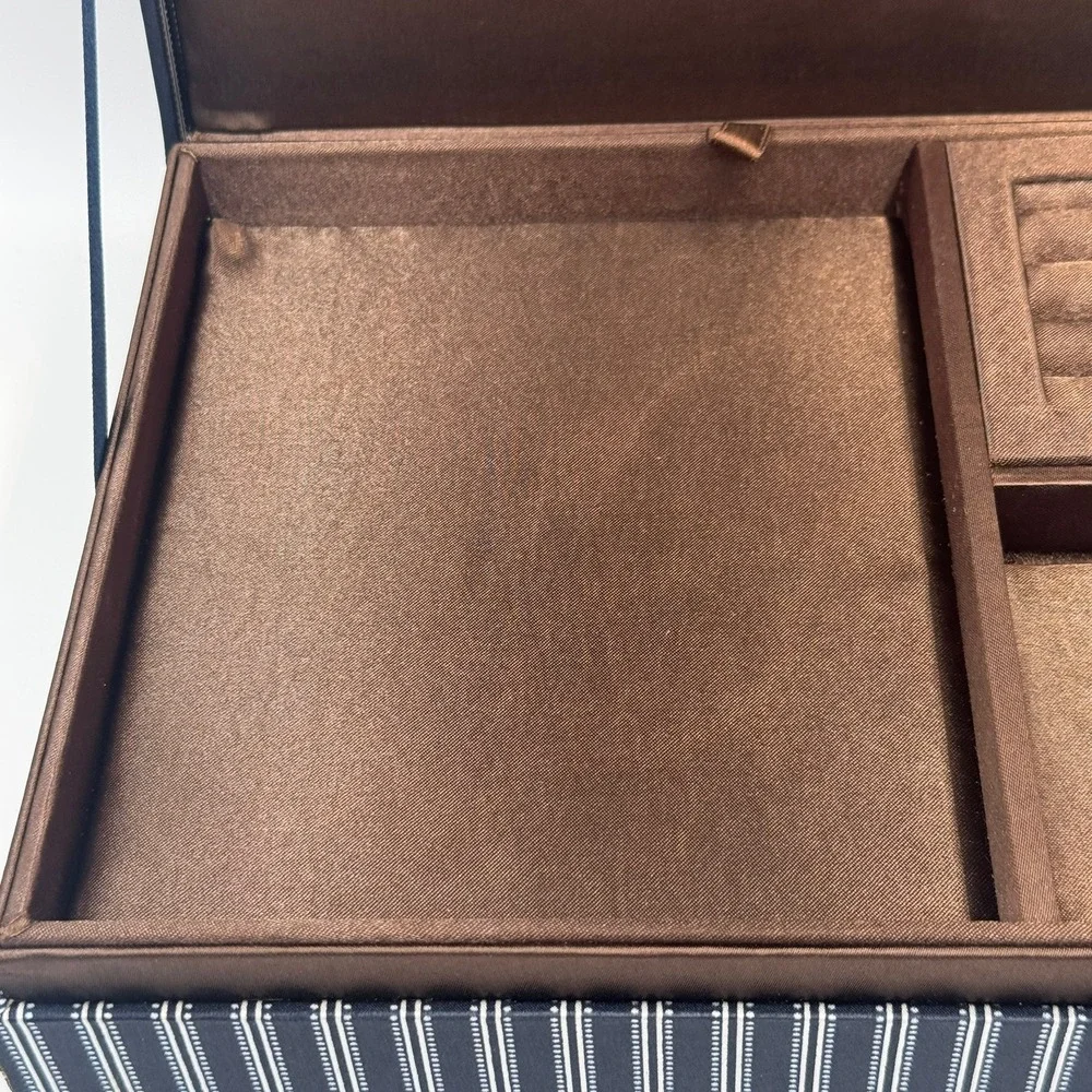 Avon Jewelry Box Navy Blue Pinstripe Brown Satin Lining Removable Tray Organizer